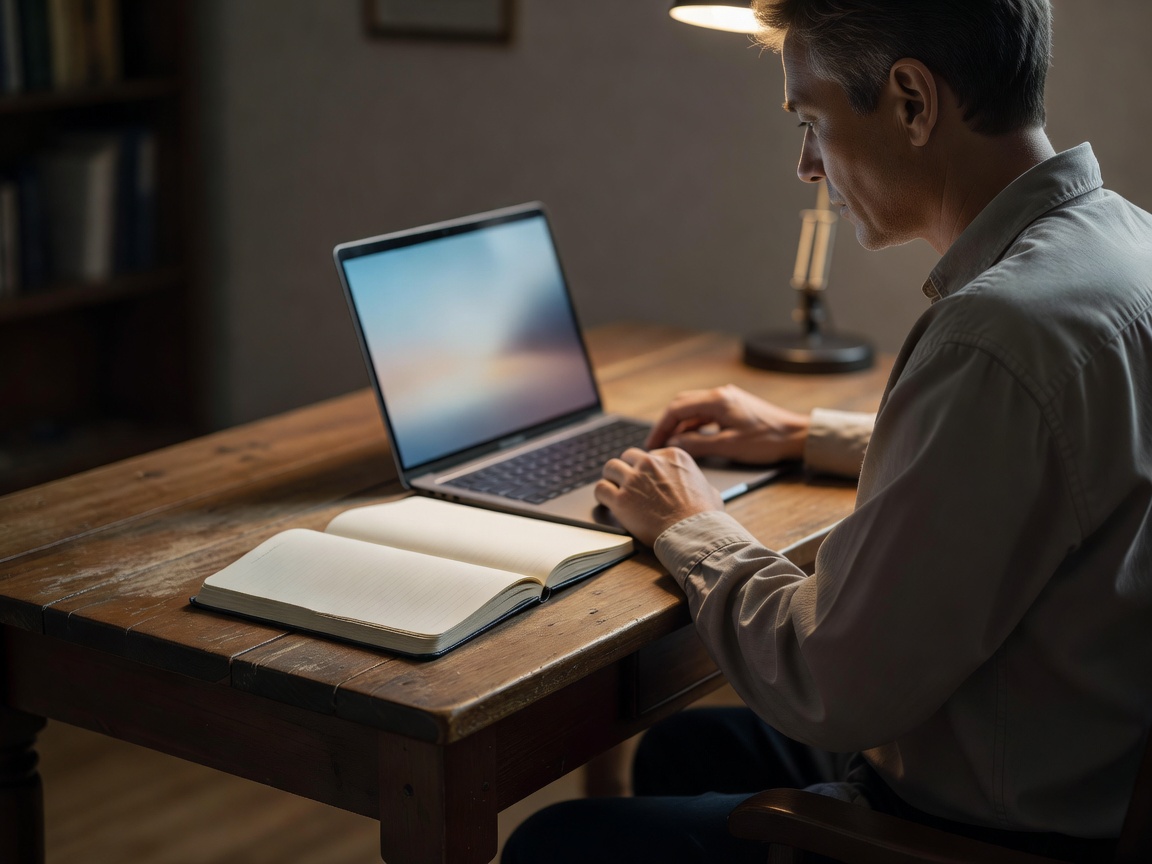 An adult learner working beside an open notebook and laptop at a softly lit wooden desk